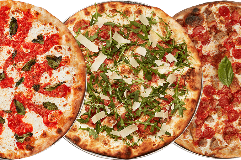3 pizzas laid horizontally