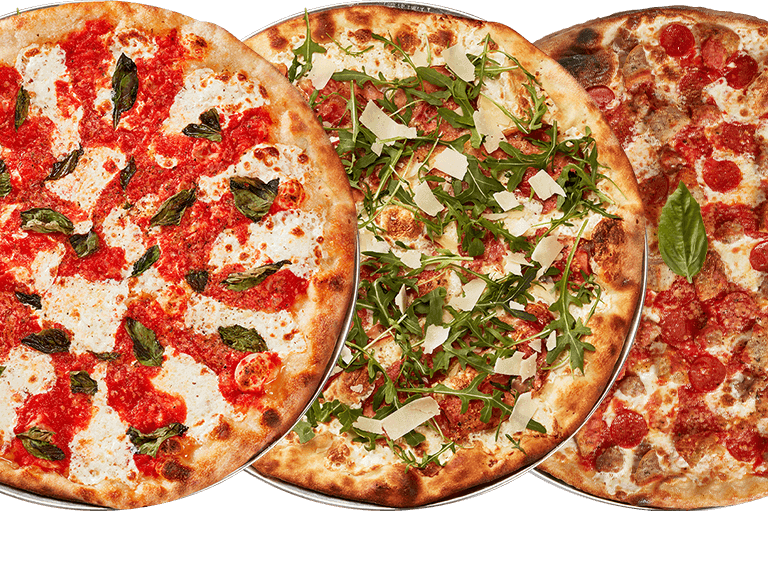 3 pizzas laid out horizontally