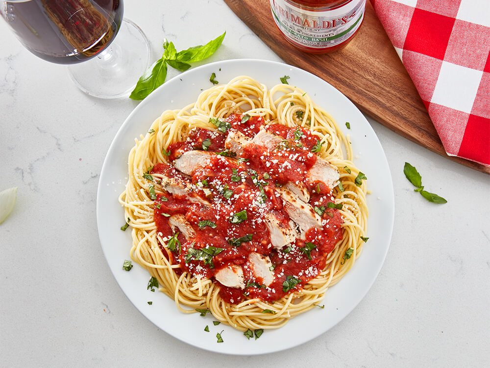 From the Cabinet Spice Chicken and Spaghetti with Grimaldi's Tomato Basil Sauce